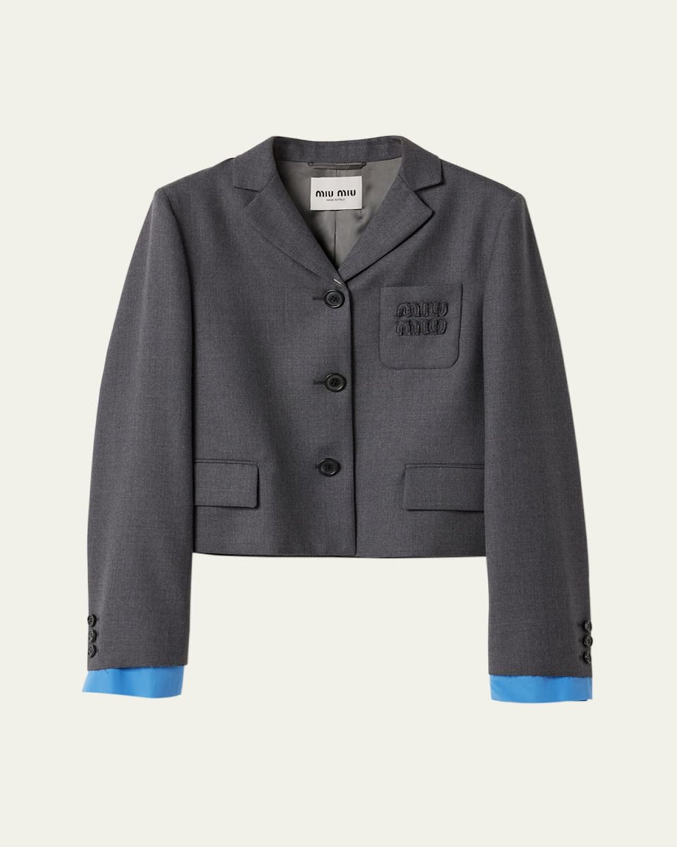 Logo Embroidered Cropped Wool Blazer Jacket